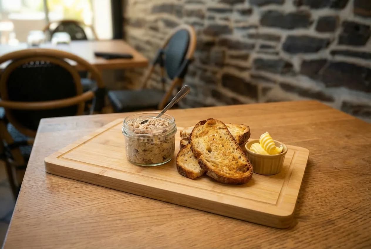 Rillettes de maquereaux maison, pain et beurre