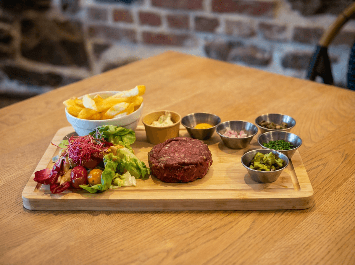 Tartare de bœuf au couteau, viande française, frites, salade